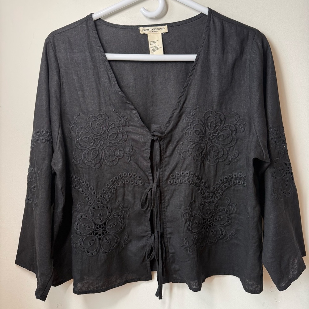 Christian Siriano Black Embroidered eyelet lace Tie-Front top linen blend M